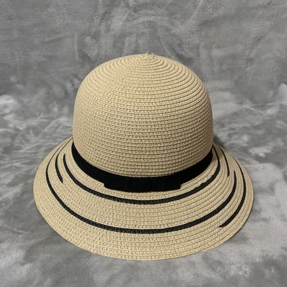 Magid Women's Straw Sun Hat Floppy Bucket Beige Black Ribbon Bow Striped Beach